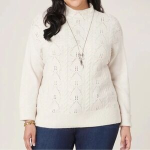 Democracy Cream Funnel Neck Sweater Popcorn Stitch Petite Large Grandmacore Cozy